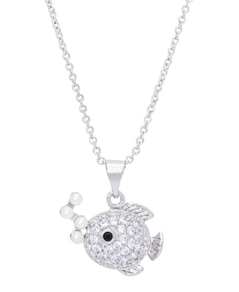 Macy's simulated Pearl Cubic Zirconia Fish Pendant 18" Necklace in Silver Plate