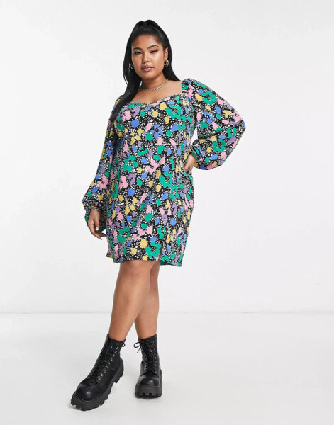 ASOS DESIGN Curve flared sleeve mini tea dress in multi-coloured splodge print