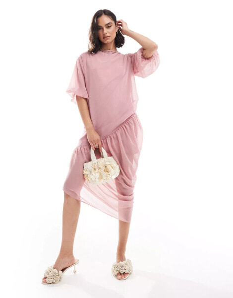 ASOS DESIGN slash neck gathered asym midi dress in rose pink