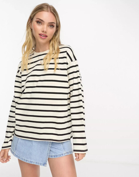 Pull&Bear long sleeve oversized t-shirt with stripe detail in ecru & black