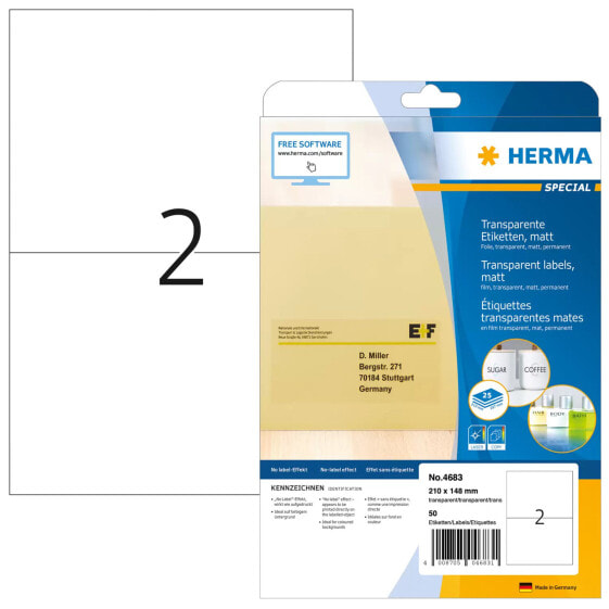 HERMA Labels transparent matt A4 210x148 mm film 50 pcs. - Transparent - Self-adhesive printer label - A4 - Laser - Permanent - Matte