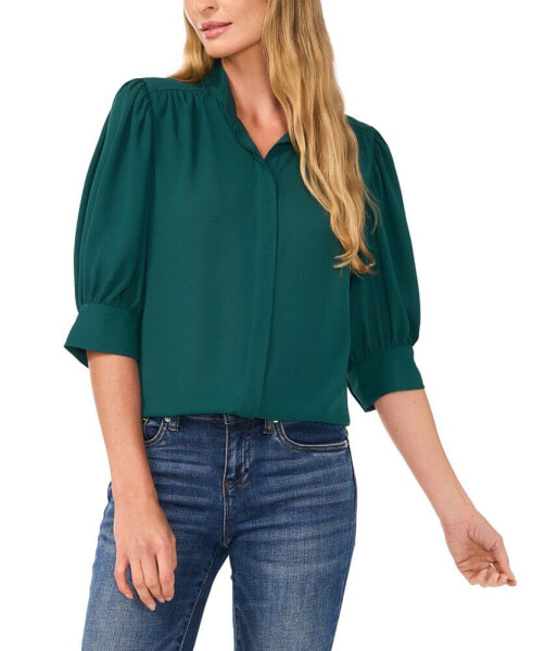 Women's 3/4-Sleeve Collared Button Down Blouse