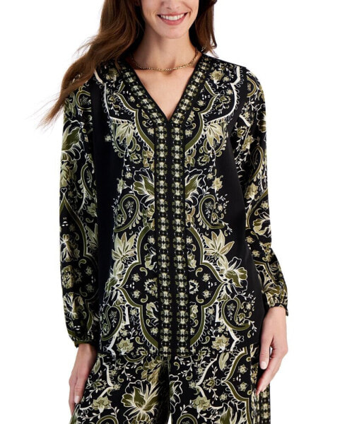 Women's Long Sleeve Printed V-Neck Satin Top, Created for Macy's
