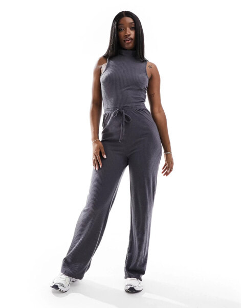 In The Style ribbed high neck drawstring detail wide leg jumpsuit in charcoal