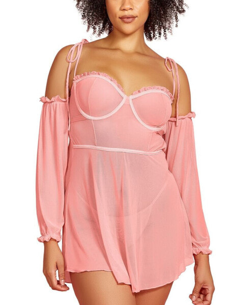 Plus Size 2PC Babydoll Lingerie Set in Sheer Soft Mesh and Attached off the Shoulder Sleeves