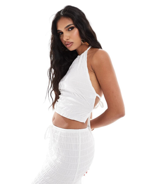 ASOS DESIGN co-ord backless gathered halter top in ivory