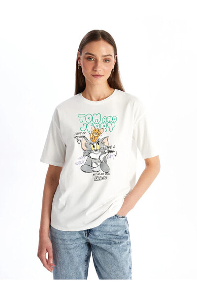 Bisiklet Yaka Tom&Jerry Baskılı Kısa Kollu Kadın Tişört
