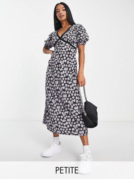 Повседневное платье New Look Petite – Миди с черным цветом, цветочным узором и кружевными деталями