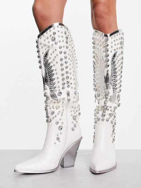 Azalea Wang Upbeat embellished western knee boot in white