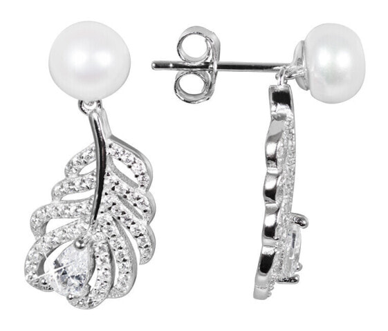 Pearl earrings with white real pearl and zircons Feather JL0536