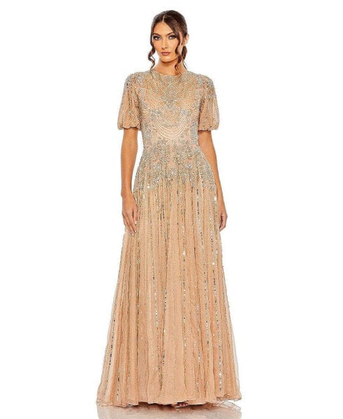 Women's High Neck Puff Sleeve Embellished A Line Gown