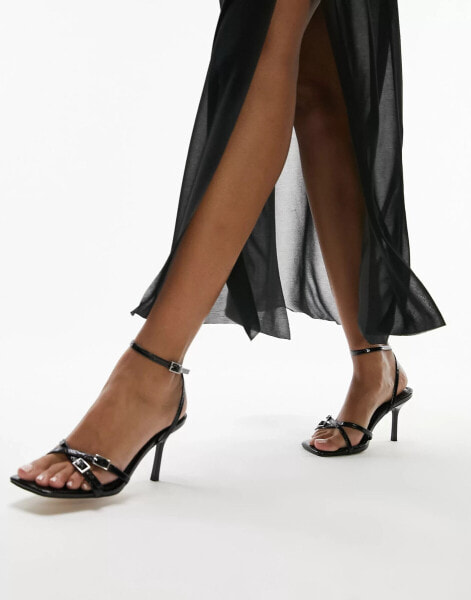 Topshop Frankie strappy heeled sandal with buckle detail in black lizard