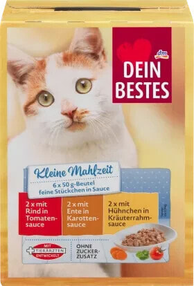 Nassfutter Katze mit Huhn, Rind & Ente in Sauce, kleine Mahlzeit (6x50 g), 300 g