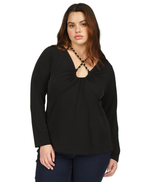 Plus Size Chain-Neck Long-Sleeve Top