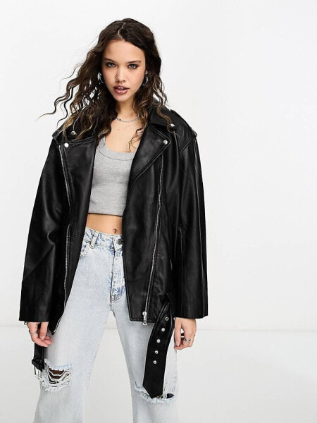 ASOS DESIGN oversized premium real leather biker jacket in black