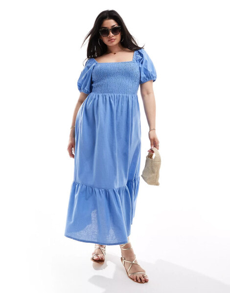 Esmee Curve puff sleeve maxi dress in denim blue