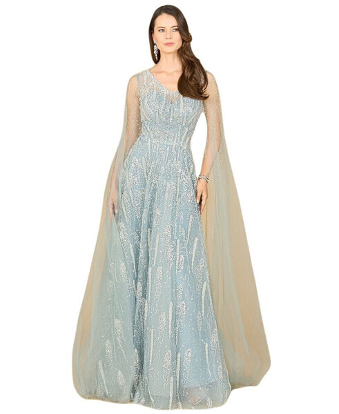 Women's Lace Gown with Cape Sleeves and V-neckline