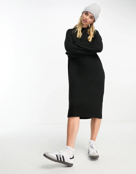 Monki long sleeve knitted midi dress in black