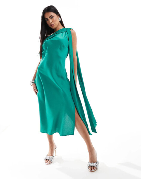 In The Style x Terrie McEvoy satin one shoulder drape midi dress in emerald green