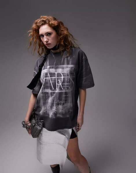 Topshop graphic Paris oversized tee in washed black