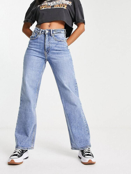 Only Juicy high waisted wide leg jeans in mid blue