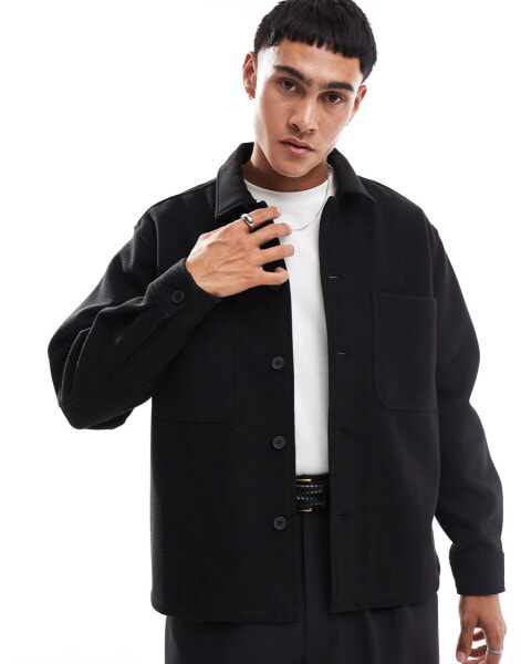 Bershka faux wool overshirt in black