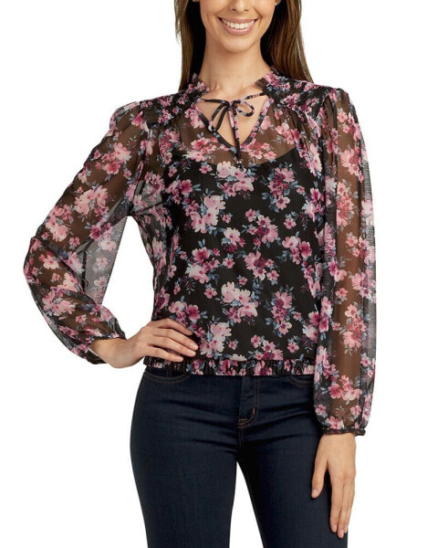 Juniors' Printed Tie-Neck Long-Sleeve Bubble-Hem Top