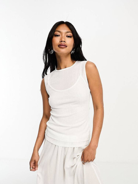 River Island double layer mesh cami top in white