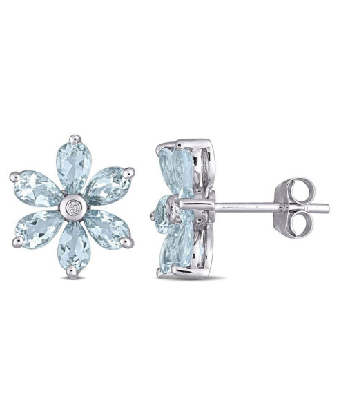 Aquamarine and Diamond Accent Floral Stud Earrings