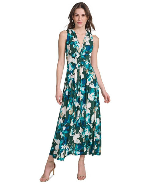 Women's Printed V-Neck Twist-Front Maxi Dress