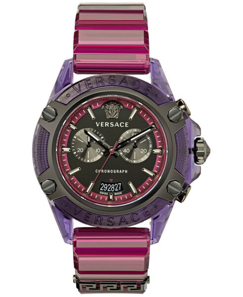 Men's Swiss Chronograph Icon Active Transparent Purple Silicone Strap Watch 44mm