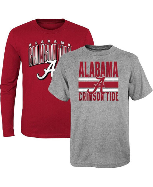 Preschool Boys and Girls Crimson, Heather Gray Alabama Crimson Tide Fan Wave Short and Long Sleeve T-shirt Combo Pack