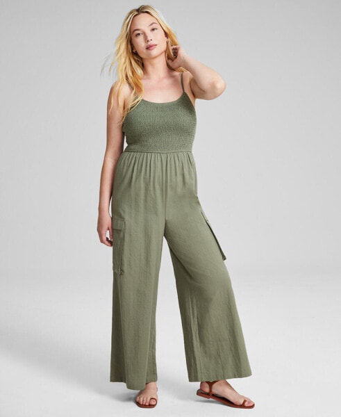 Women's Cotton Smocked Cargo Jumpsuit, Created for Macy's