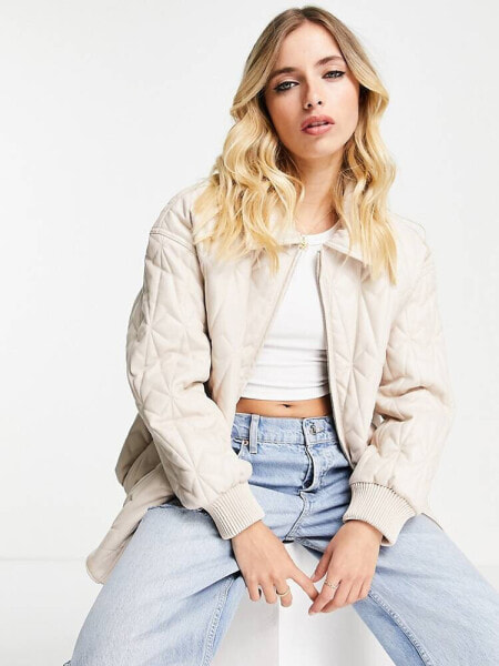 ASOS DESIGN faux leather quilted bomber jacket in cream