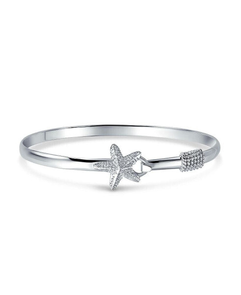 Nautical Starfish Tropical Beach Bangle Bracelet For Women Sterling Silver Eye Hook Clasp