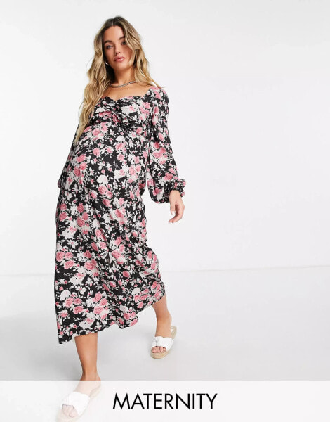 Missguided Maternity – Midaxi-Umstandskleid mit geraffter Taille in Schwarz mit Blümchenmuster