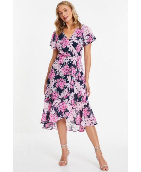 Plus Size Floral Print Midi Dip Hem Dress