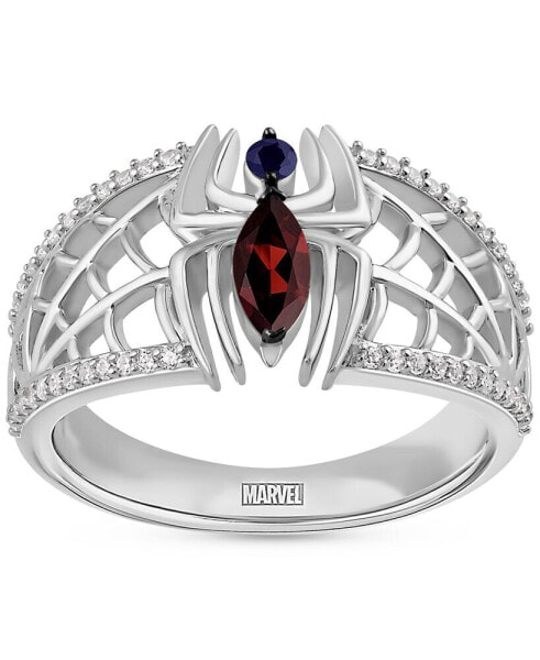 Garnet (1/4ct. t.w.) Sapphire (1/20 ct. t.w.) & Diamond (1/6 ct. t.w.) Spiderman Ring in Sterling Silver