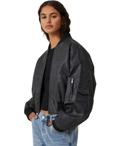 Women's Faux Leather Cropped Bomber Jacket