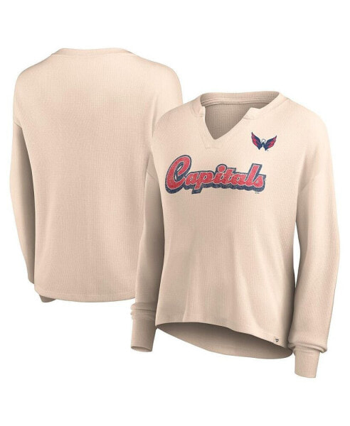 Women's Oatmeal Distressed Washington Capitals Go For It Notch Neck Waffle Knit Long Sleeve T-shirt