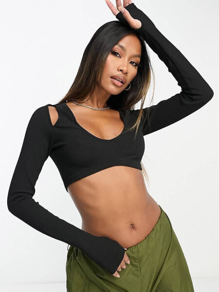 ASOS DESIGN cut out shoulder crop top in black