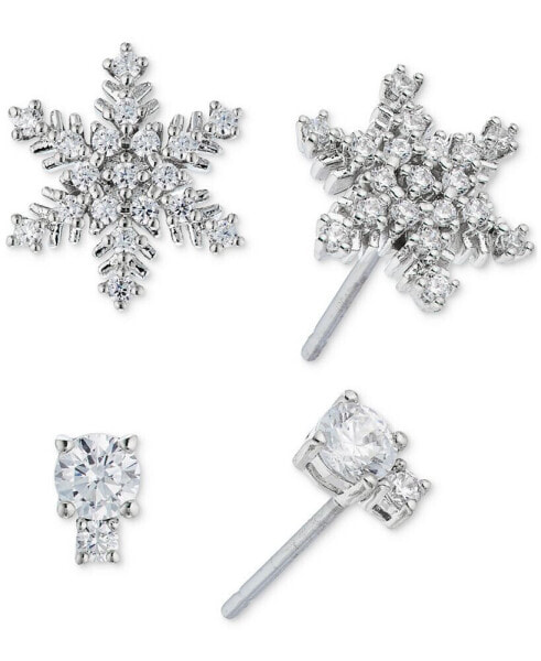 Silver-Tone Crystal Snowflake &Stud Earrings Set