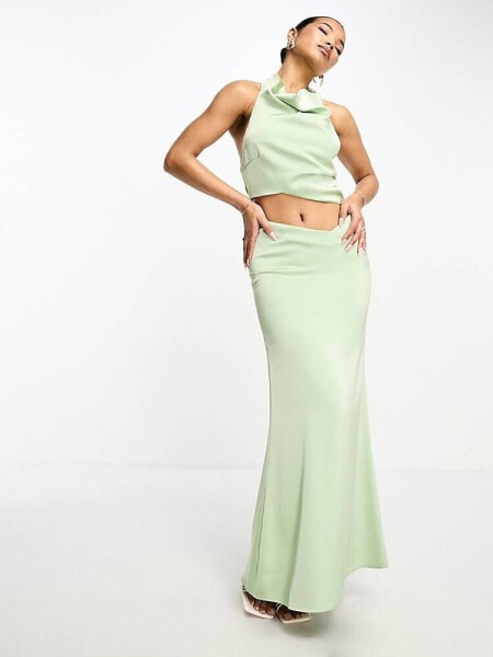 Aria Cove satin fishtail maxi skirt co-ord in sage green