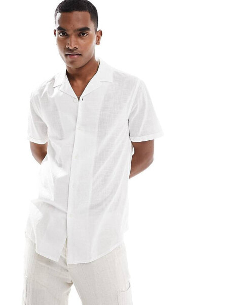 ASOS DESIGN regular fit linen look roll sleeve revere collar shirt in white