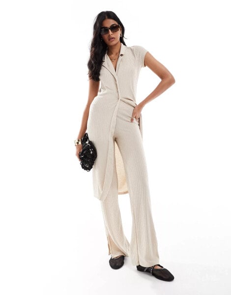 Vero Moda wide leg ribbed jersey trouser co-ord in oatmeal