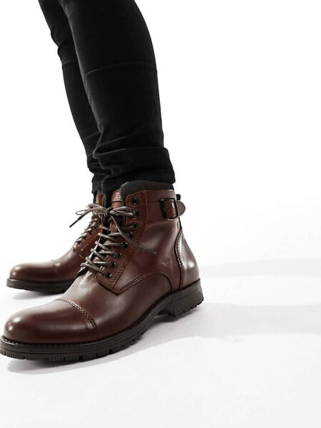 Jack & Jones leather lace up boot with buckle in brown