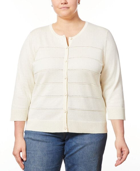 Plus Size Pointelle Knit 3/4-Sleeve Button Front Cardigan