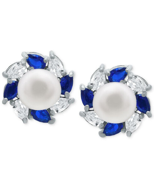 Freshwater Pearl (5mm), Lab-Grown Blue Sapphire (1/3 ct. t.w.), & Cubic Zirconia Halo Stud Earrings in Sterling Silver, Created for Macy's