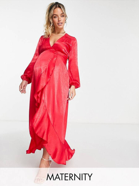 Flounce London Maternity satin long sleeve wrap maxi dress in red 