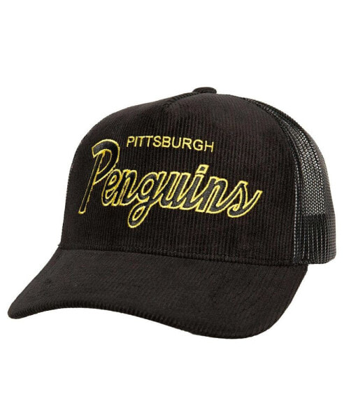 Men's Black Pittsburgh Penguins Times Up Classic Script Cord Trucker Adjustable Hat